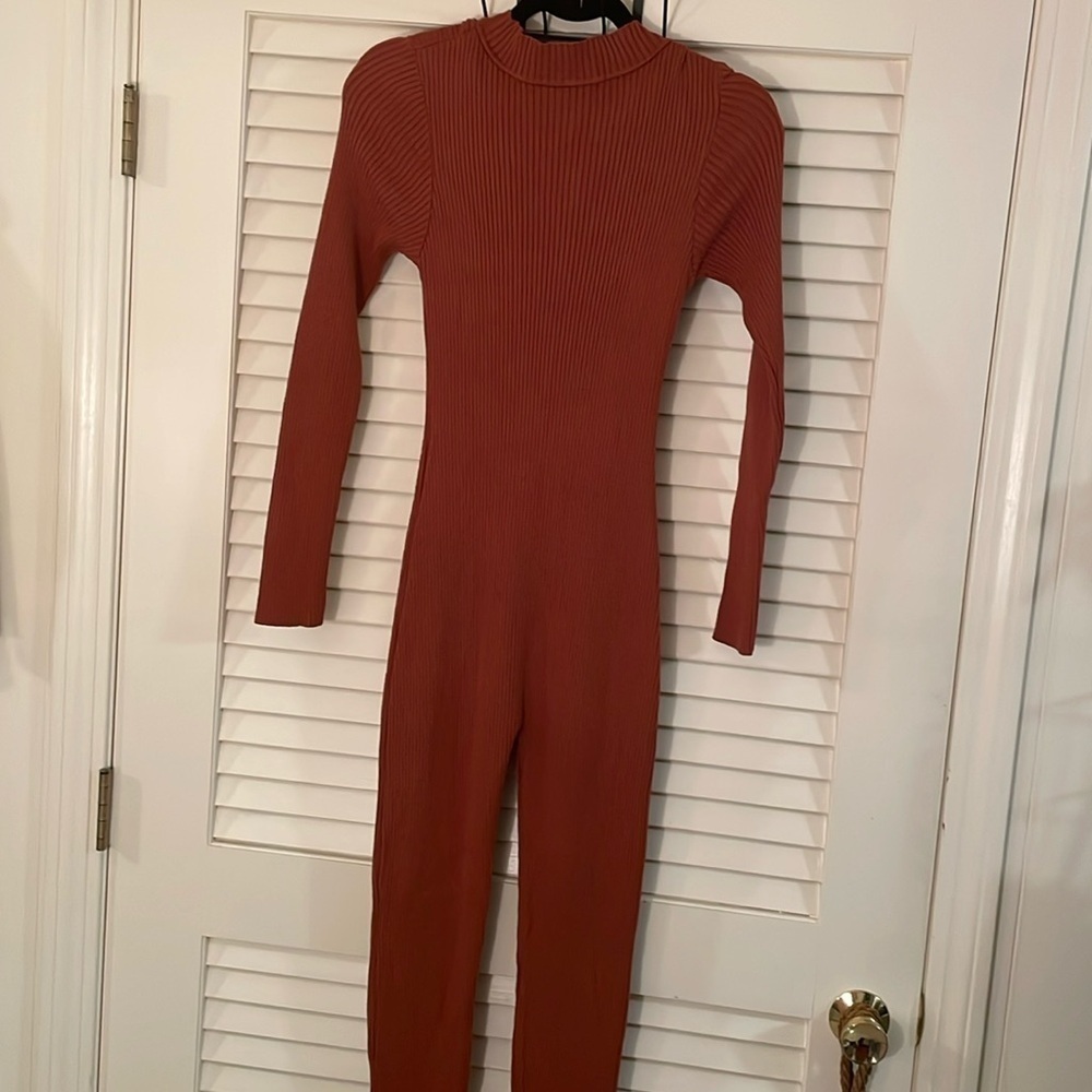 Knit RUST Fitted Zipper Ribbed Sweater Zip Front Onesie Jumpsuit